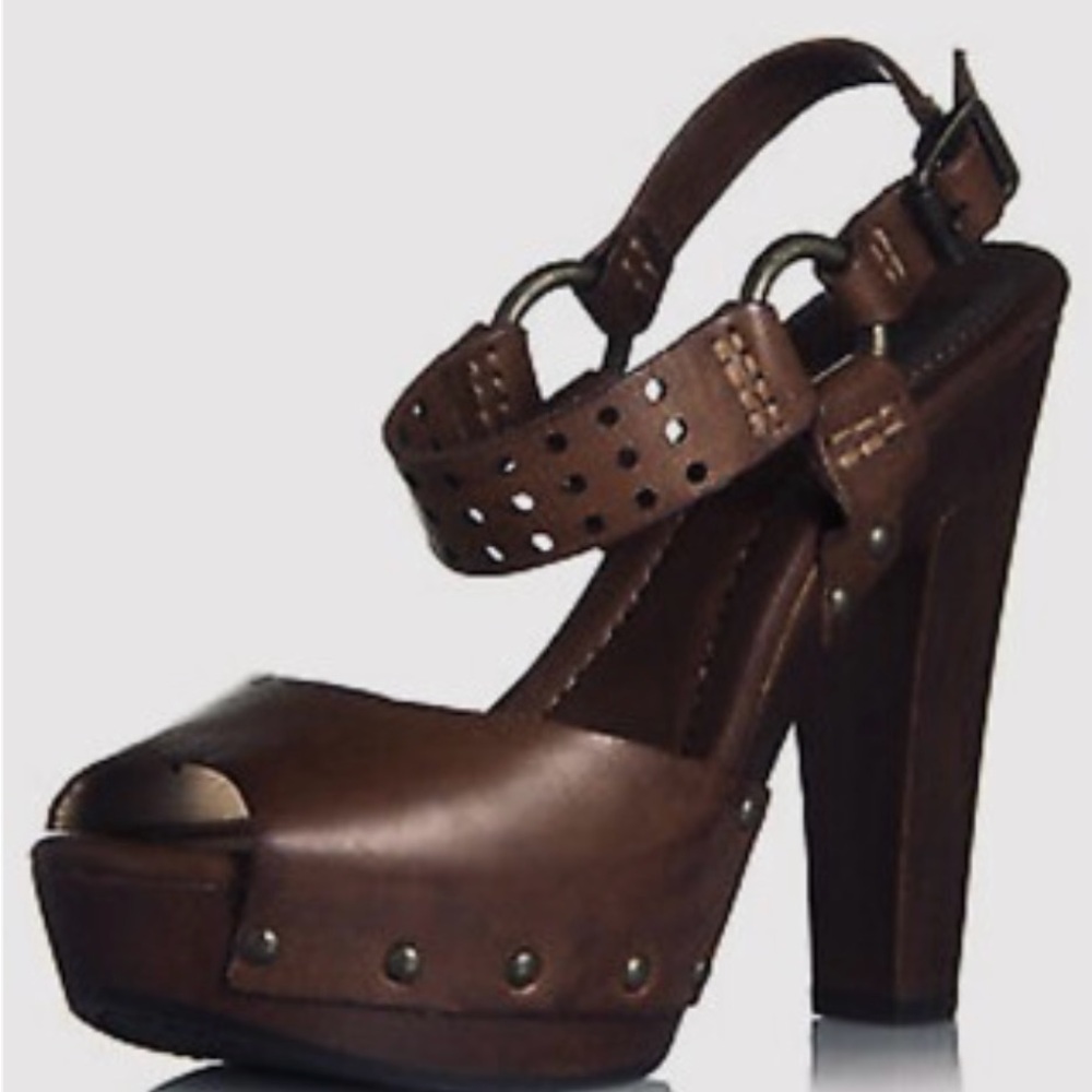 Frye “Fran Harness 2 Piece” Brown Leather Platform Heels - 6.5